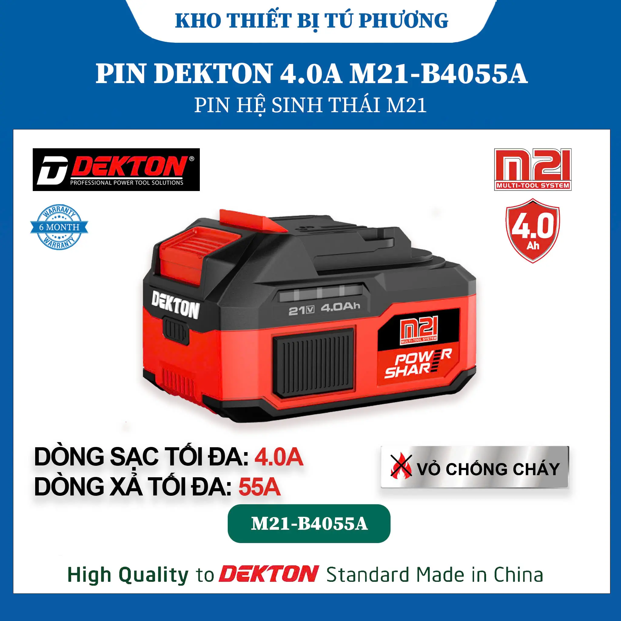 [Phụ Kiện Dụng Cụ Điện] Dekton 21V M21-B4055A - Dung Lượng 4.0Ah, Chân Pin Phổ Thông M21