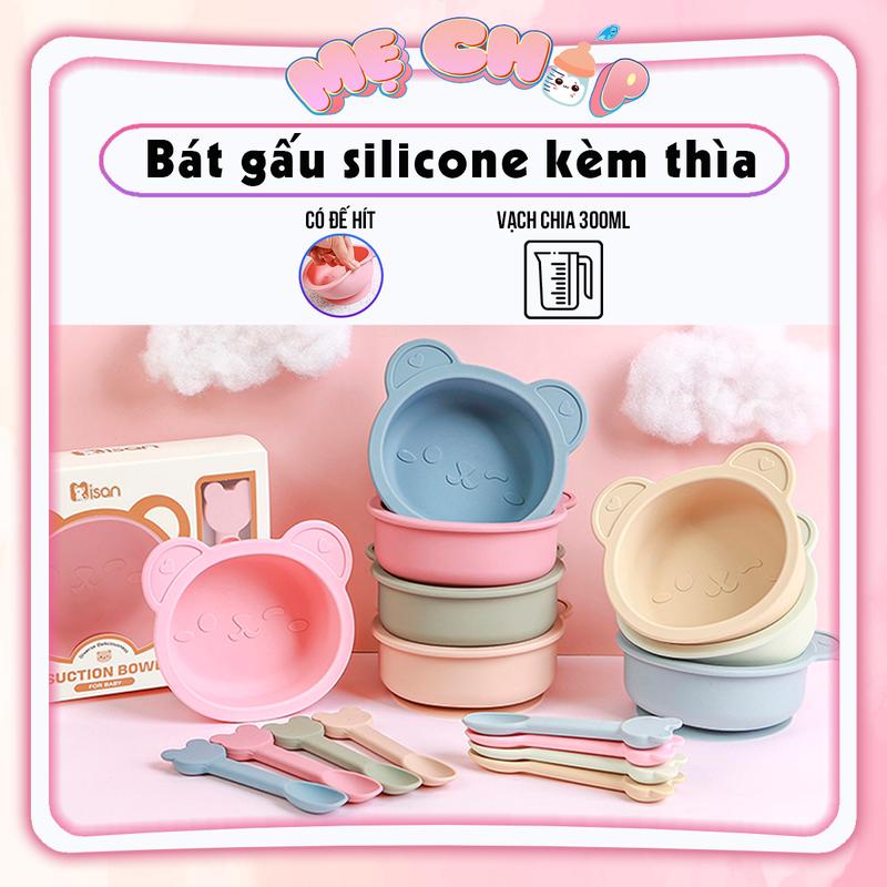 [Kèm thìa] Bát ăn dặm silicon chống đổ có đế hít kèm thìa cho bé, chén ăn dặm silicon có chia vạch hình gấu Misan
