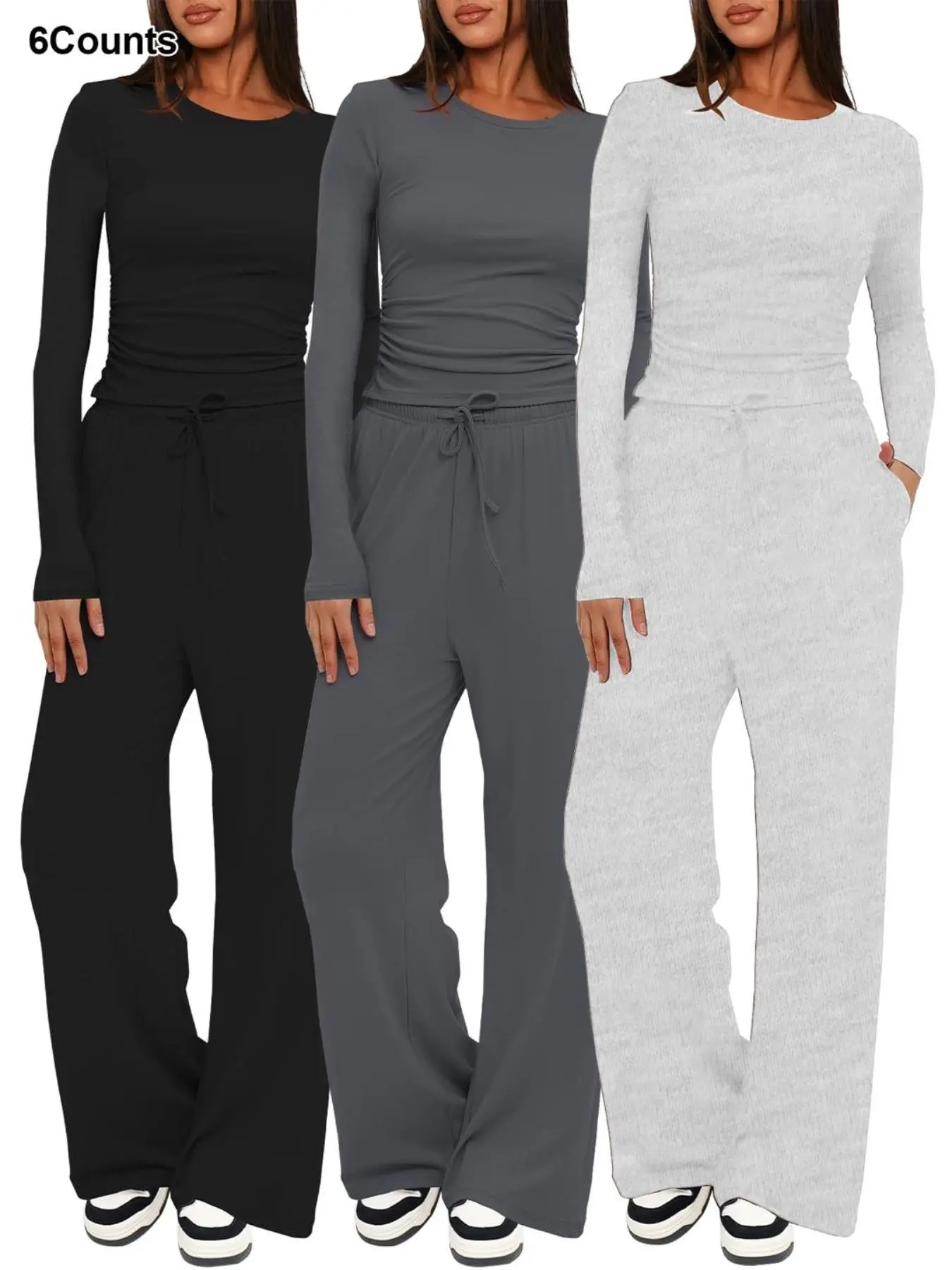 Two-piece Set Women's Solid Ruched Tee & Drawstring Pocket Pants Lounge Set, Casual Long Sleeve T-shirt & Elastic Waist Trousers, Ladies Sleepwear for All Seasons