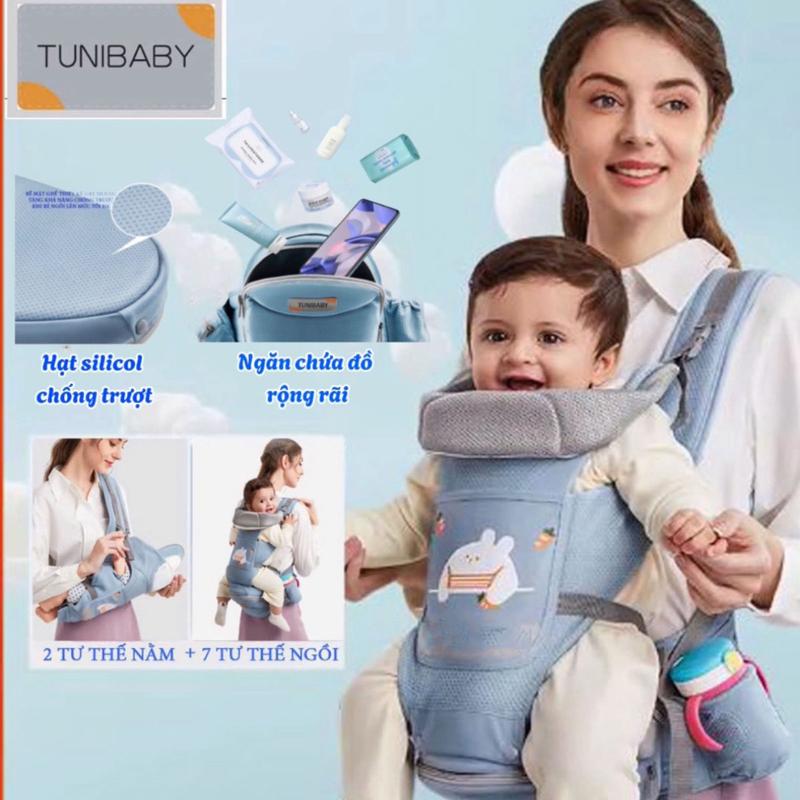 Địu em bé có đỡ cổ TUNIBABY phiên bản nâng cấp với hạt silicol chống trượt, trợ lực, chống gù 9 tư thế cho bé 0-36m   Voi