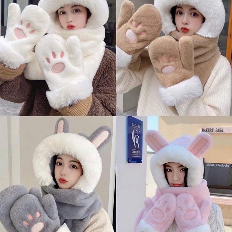 Mũ Tai Thỏ Dễ Thương Sưởi Mùa Đông Len Lông Mịn Cao Cấp Kèm Khăn Quàng Cổ Bao Tay 3 Trong 1 Women