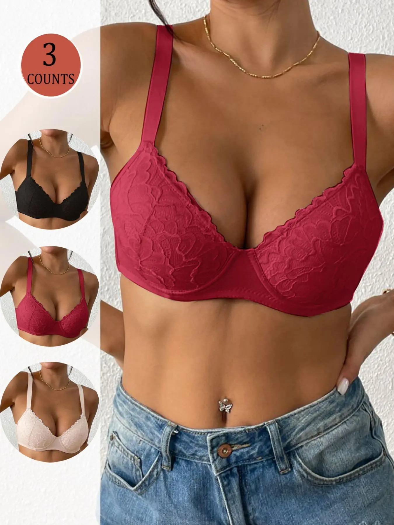 Women's Contrast Floral Lace  Push Up Bra, Comfortable Breathable Adjustable Strap Bra, Lingerie for All Seasons