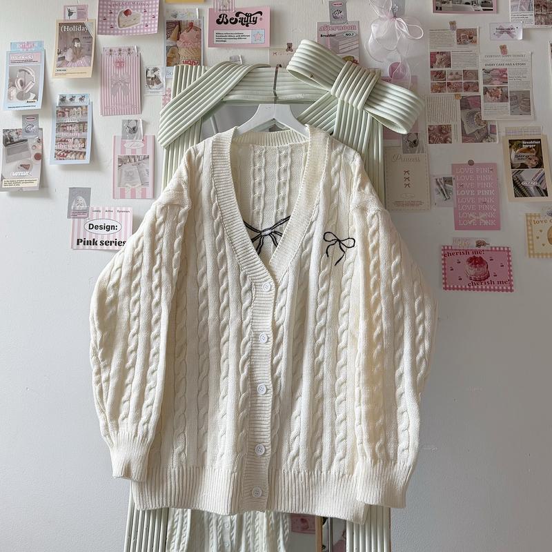 ÁO CARDIGAN LEN THỪNG NƠ TO TRẮNG XÁM FORM OVERSIZE