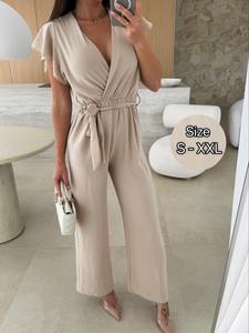 Women's Solid Flounce Trim V Neck Wide Leg Jumpsuit, Casual Elegant Sleeveless Jumpsuit for Daily Office Wear, Ladies Clothes for Summer