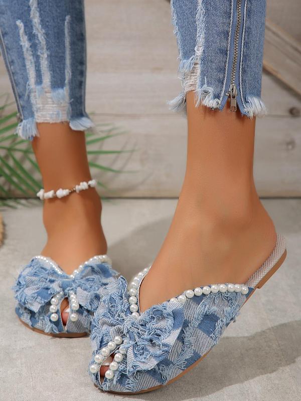 Women's Elegant Faux Pearl Decor Bowknot Design Slide Gypsy Sandals, Casual Cowboy Style Slide Slippers for Beach, Summer 2024 Fashion Slide Sandals for Vacation 3