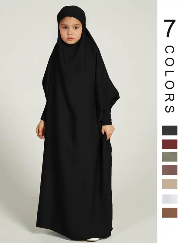 Girl's Solid Batwing Sleeve Tie Back Hoodie Abaya Dress, Modest Outfits, Casual Long Sleeve Elastic Cuff Loose Dress for Kids, Kids Clothing for Summer, Clothes for Girls, Kids Fancy Dress, Girl Clothes 0