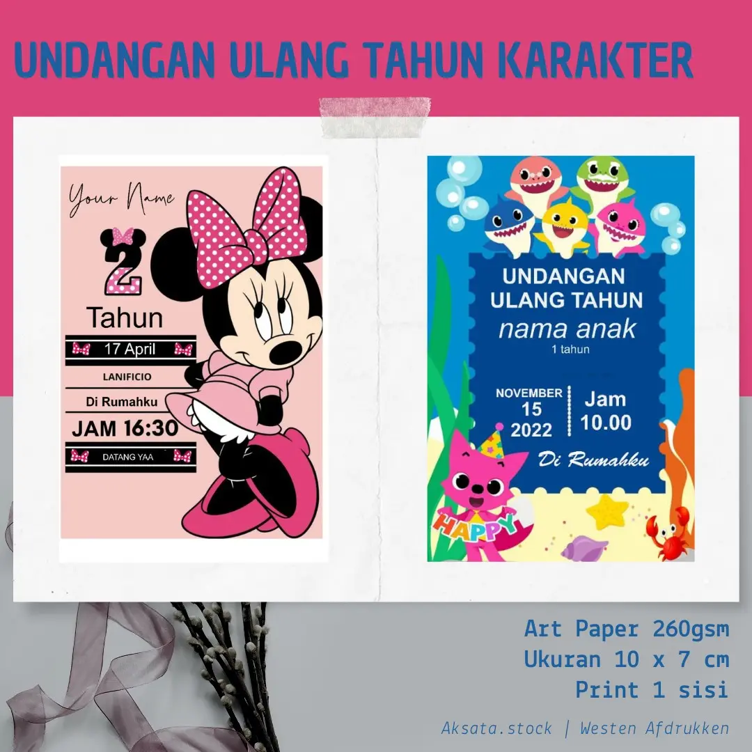 [isi 50 lembar] Undangan Ulang Tahun Karakter Birthday Kids Dino kartu undangan ultah gratis plastik