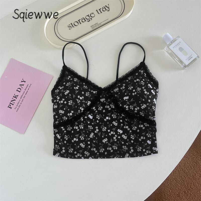 Product Introduction of Women's Padded Crop Cami Tops Slim Lace Trim V Neck Backless Floral Camisole for Summer 28