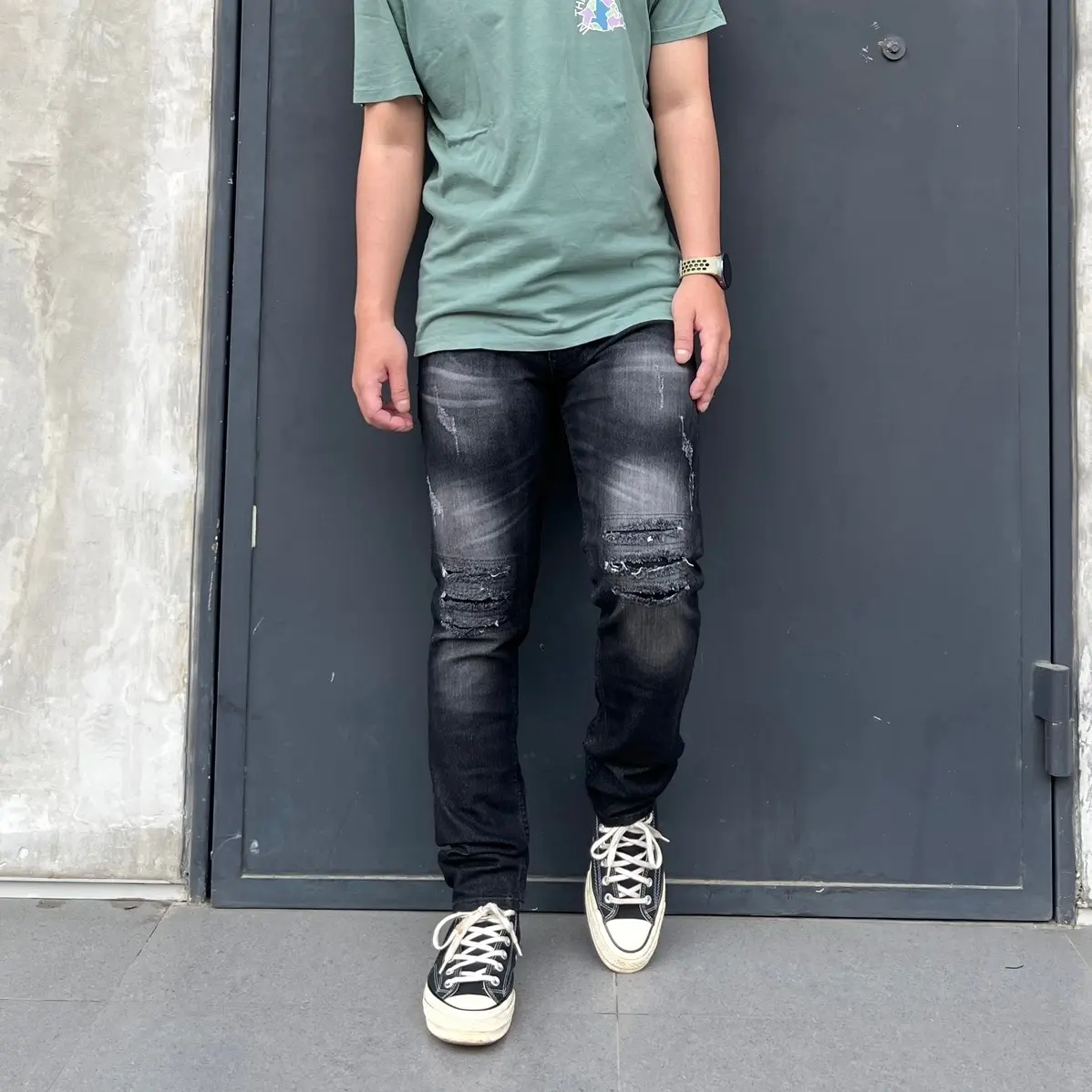 Celana jeans pria black jazz sobek tiga garis tidak tembus slimfit ripped Denim Stretch Panjang Skinny Hitam dicuci dengan tangan saja wide fit