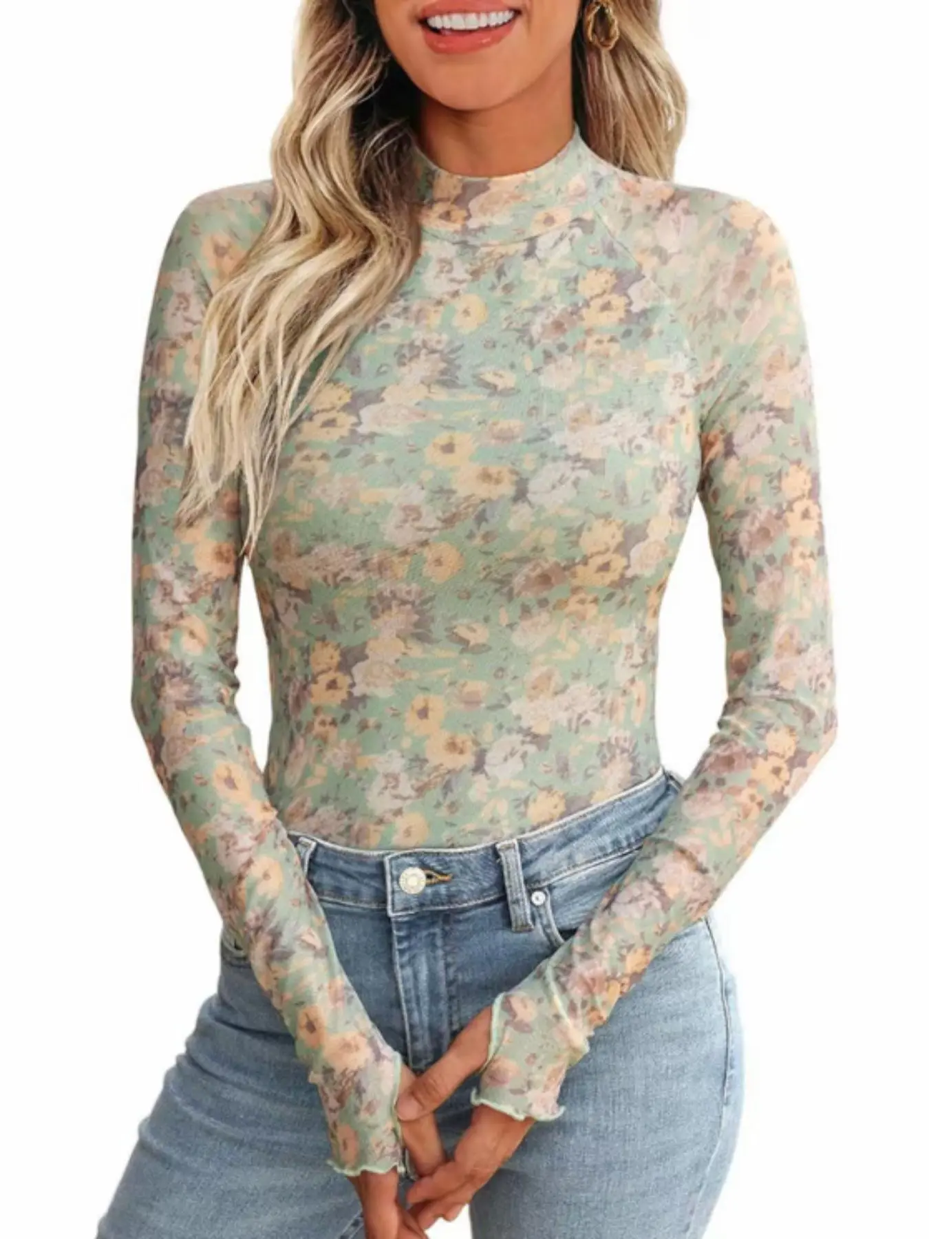 Women's Ditsy Floral Print Tee, Fashion Casual Long Sleeve Mock Neck T-shirt for Daily Outdoor Wear, Ladies Clothes for Spring & Fall, Womenswear