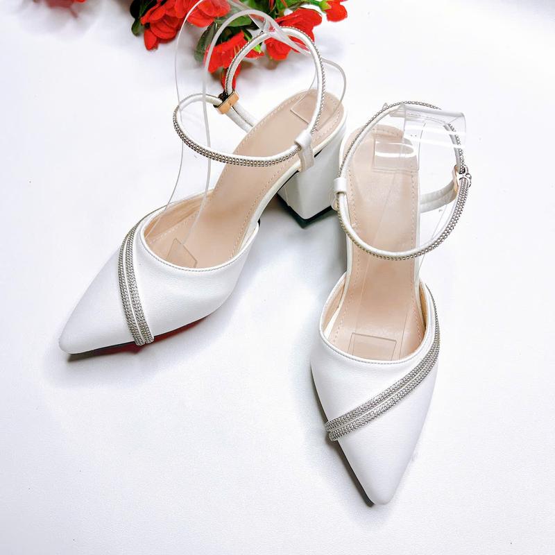  T01- Giày cao gót mũi nhọn phối quai đá kép hậu quai đá Shoes Dép Nữ 