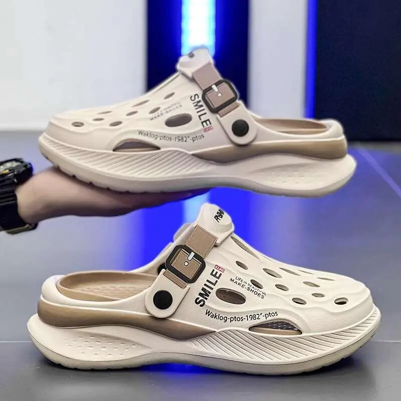 Cave shoes for men, summer outdoor wear, with a sense of stepping on poop, slip anti odor dual-use, toe cap slippers, sports and leisure beach sandals
