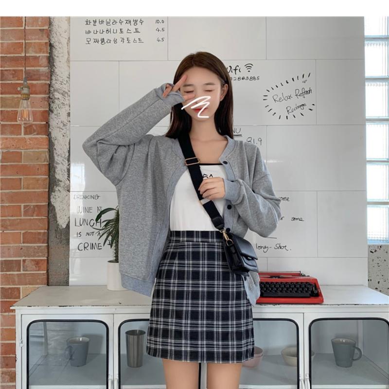Product Introduction of Half length skirt, women's autumn outfit, new plaid bag buttacks half length skirt, black college style high waist slimming bag buttons A-line short skirt 5