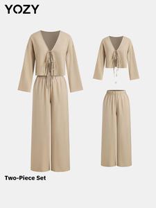 YOZY Women's Solid Tie Front Blouse & Elastic Waist Pants Two-piece Set, Casual Long Sleeve V Neck Top & Wide Leg Pocket Trousers 2 Piece Set for Spring & Fall, Women's Clothes for Daily Wear