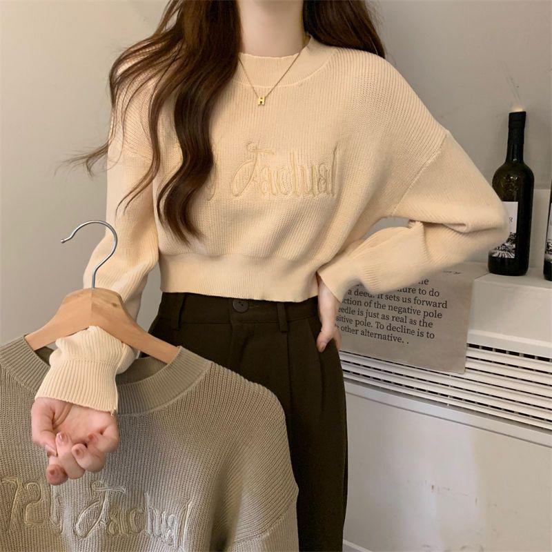 Áo Len Nữ Dệt Kim, Phong Cách Mùa Thu, Có Thêu Chữ, Cổ Tròn, Tay Dài, Dáng Rộng Vừa Vặn, Gợi Cảm, Chiều Dài Ngắn 3