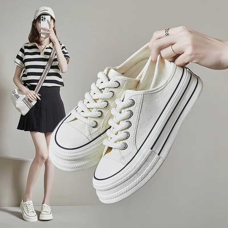 2024 Summer Canvas Shoes New Korean Style Ins White Shoes Female Students Breathable Two-Way Fashion Leisure Street Shot Women's Shoes