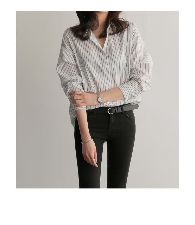 Product Introduction of 2023 Spring/Summer New Mid length Versatile Loose Blue Vertical Stripe BF Large Long Sleeve Shirt Women's Summer Han Style Top Blouse 14