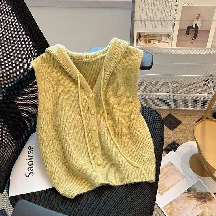 Áo Ghi Lê Cardigan Không Tay Có Mũ Trùm Đầu, Thiết Kế Ngắn, Hàng Mới Về, Áo Ghi Lê Dệt Kim, Áo Vest Dáng Rộng, Áo Khoác Len, Quần Áo Nữ, Năm 2024 2
