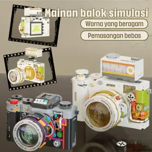 Blok Kamera Retro Mekanis Anak Putih Hitam Mainan Montase Granul Mikro Edukatif Hiasan Meja Hadiah Kreatif Lensa Regang Tombol Lepas Struktur Terlihat DIY Kamera Nostalgia