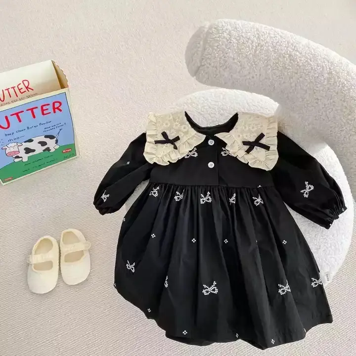 Dress dan Romper Krah Kupu Pita Couple Kakak Adik Anak Perempuan / Cewek Newborn sampai 3 tahun | Baju lebaran | Baju Kembar | Ootd Lengan Panjang Hitam 2