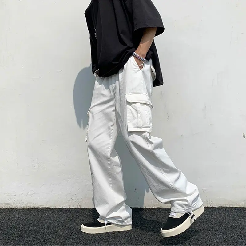 Men'S Cotton White Loose Multi-Bag Mechanical Style Leisure Cargo Trousers Fashion Trendy Cargo Pants