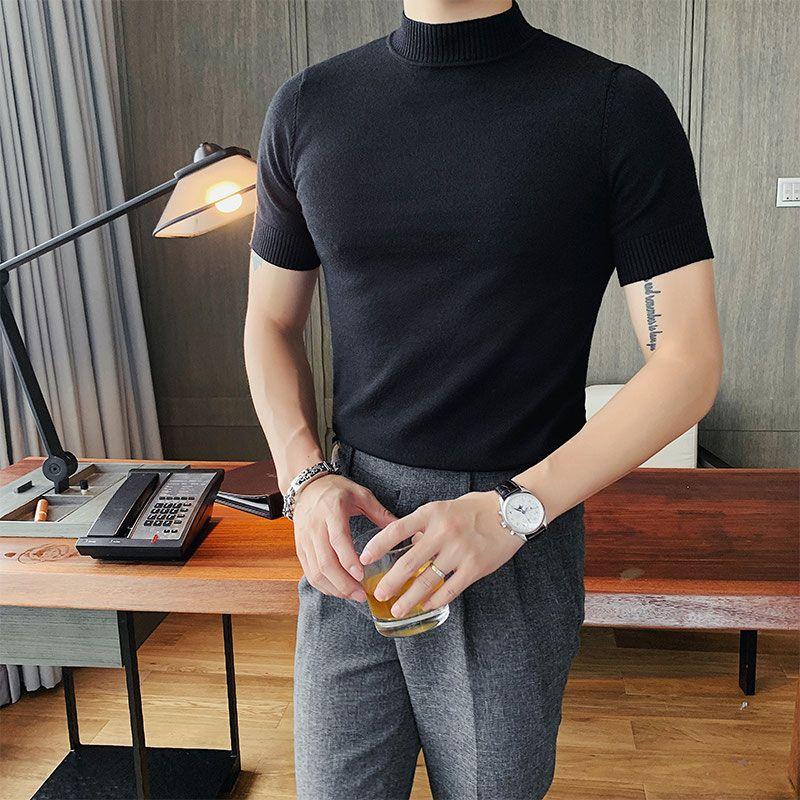 Áo Len Tay Ngắn Cho Nam, Áo Thun Dệt Kim Nửa Cổ Màu Trơn, Áo Lót Ôm Vừa Vặn Cho Mùa Xuân Và Mùa Thu, Áo Lót Nửa Tay Menswear Cổ Tròn Đen