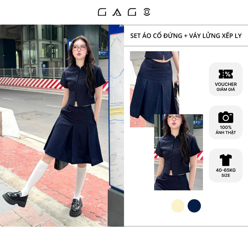 [CÓ MÀU MỚI] SET Bộ Áo + Váy Lửng GAGO Brand Phong Cách Nữ Sinh Vải Đũi Vân May Cô Nàng Văn Phòng Sành Điệu Hot Trend 2025 Áo Cổ Tàu Tay Ngắn Cách Điệu Preppy Style