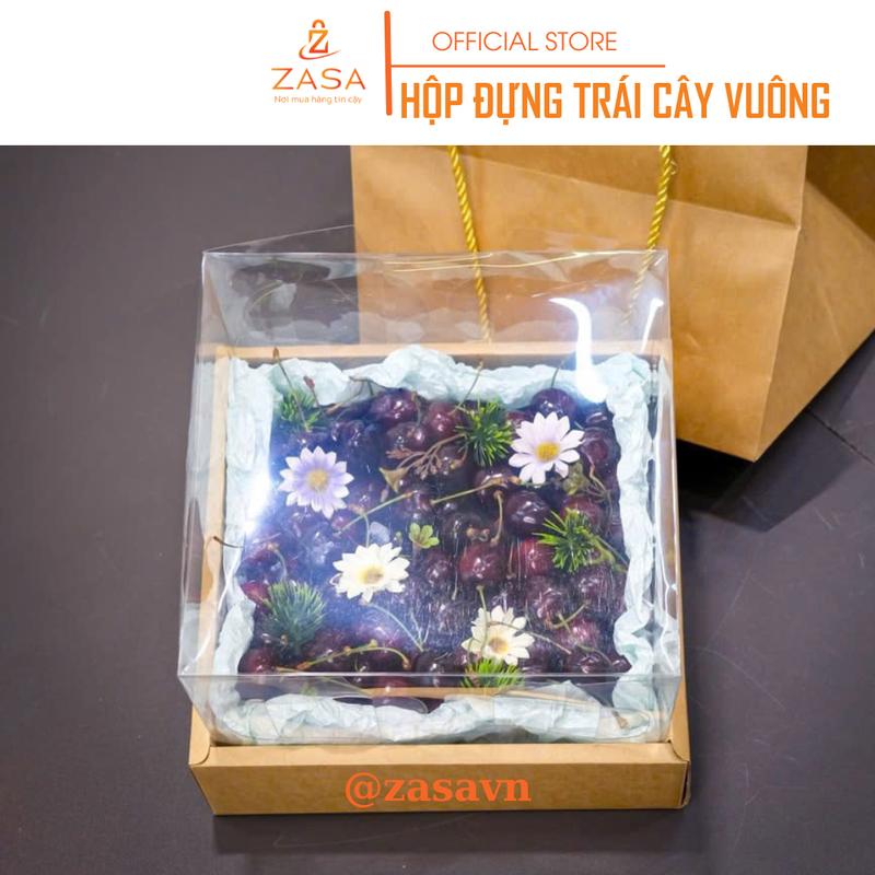 Bộ hộp (Khay + Túi giấy) vuông kích thước 25cm*25cm, hộp đựng trái cây, Nắp Mica Trong Suốt - Zasavn 5