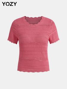 YOZY Women's Plain Hollow Out Round Neck Sweater, Casual Short Sleeve Crew Neck Knit Top for Summer, Fashion Women's Knitwear for Daily Wear