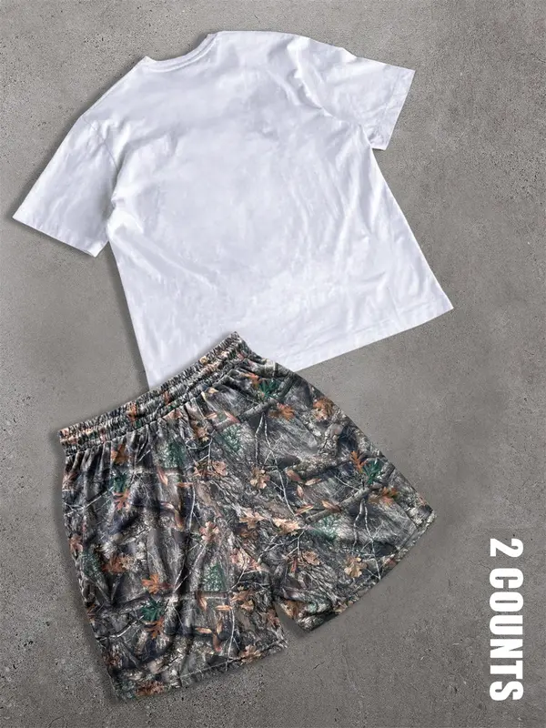 Men's Letter & Money Graphic Tee & Shorts Two-Piece Set, Regular Fit Casual Round Neck Short Sleeve T-shirt & Drawstring Waist Shorts, Men's Summer Clothes for Beach Vacation 1