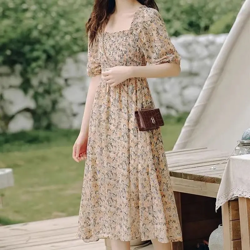 Váy Pháp Voan Cổ Vuông In Hoa, Váy Dài, Ấm Áp Và Mềm Mại, Phong Cách, Váy Thời Trang, Thích Hợp Cho Mùa Xuân Và Mùa Hè, Hàng Mới Về Năm 2025