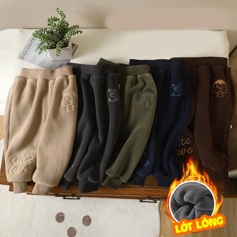 Quần dài chất nhung lông lót lông siêu mịn thêu hình cute cho bé trai và gái hàng QC - QN13 8