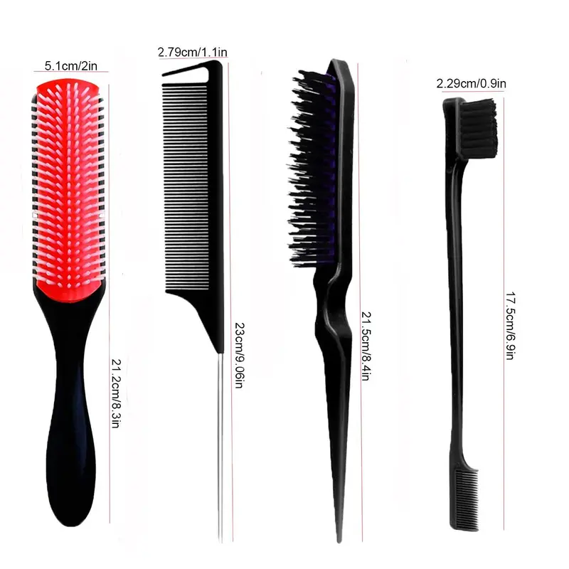 Hair Styling Tool Set, 4 Counts/set Detangling Hair Brush & Rat Tail Comb, Heatless Styling Grooming Tool for Curly Hair 1