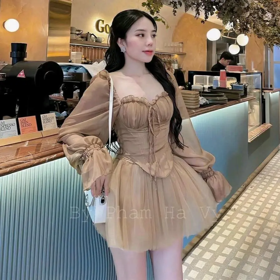 Set đồ nữ đẹp áo voan dài tay kèm chân váy lưới xoè Kem Đen Voi Women Dress set đồ xinh nhẹ nhàng đi chơi, đi tiệc