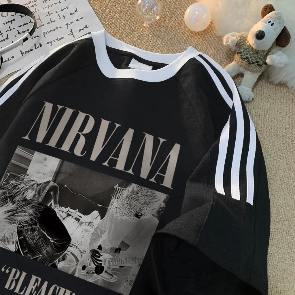 T-Shirt Lengan Pendek Garis Tiga NIRVANA Oversize Korean Style Kaos Longgar 100% Cotton