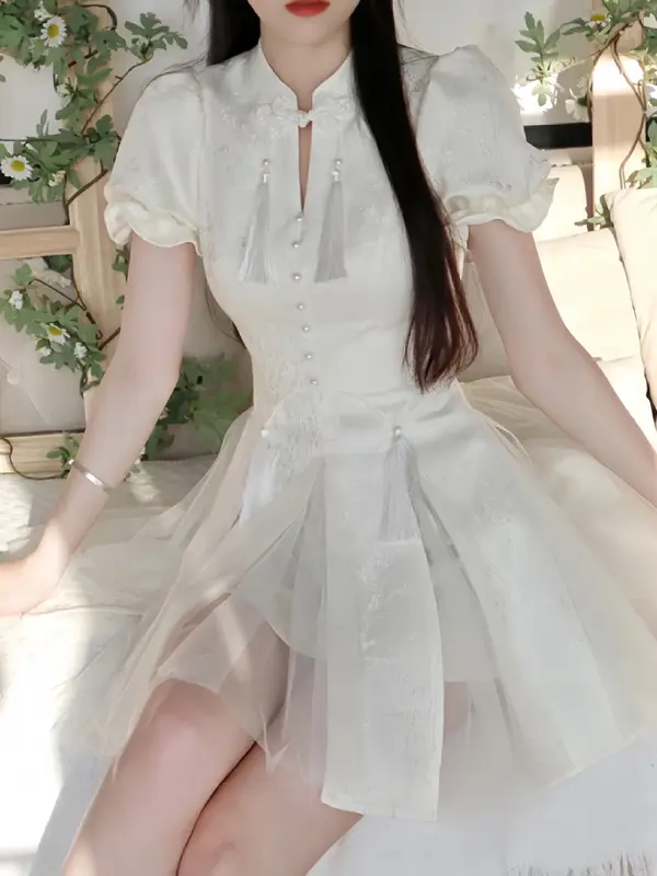 NV568 Váy tết 2024 sườn xám cách tân Váy nữ xinh dáng chữ a vải gấm hoa phối voan Women Dress Kem 6