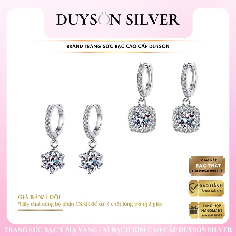 Khuyên tai bạc Ý 925 mạ vàng trắng vòng tròn chốt bấm dáng rơi mặt vuông tròn DUYSON SILVER 1 Đôi KVDDXK18