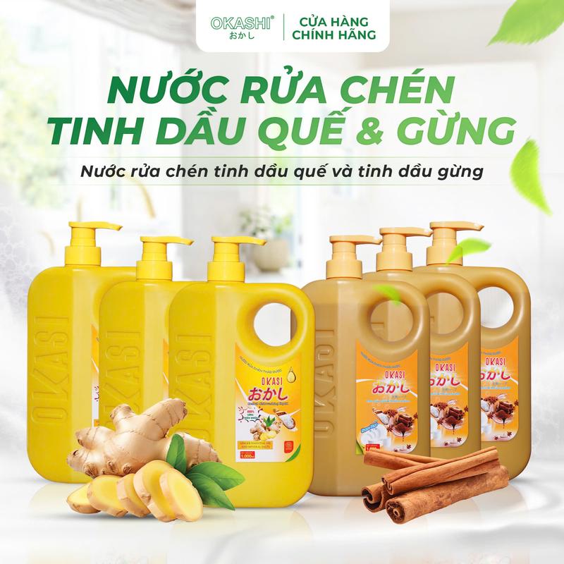 Combo 6 Nước Rửa Chén OKASHI Thảo Dược Tinh Dầu Gừng, Quế Thiên Nhiên - Làm Sạch Cực Nhanh, Khử Mùi Hiệu Quả