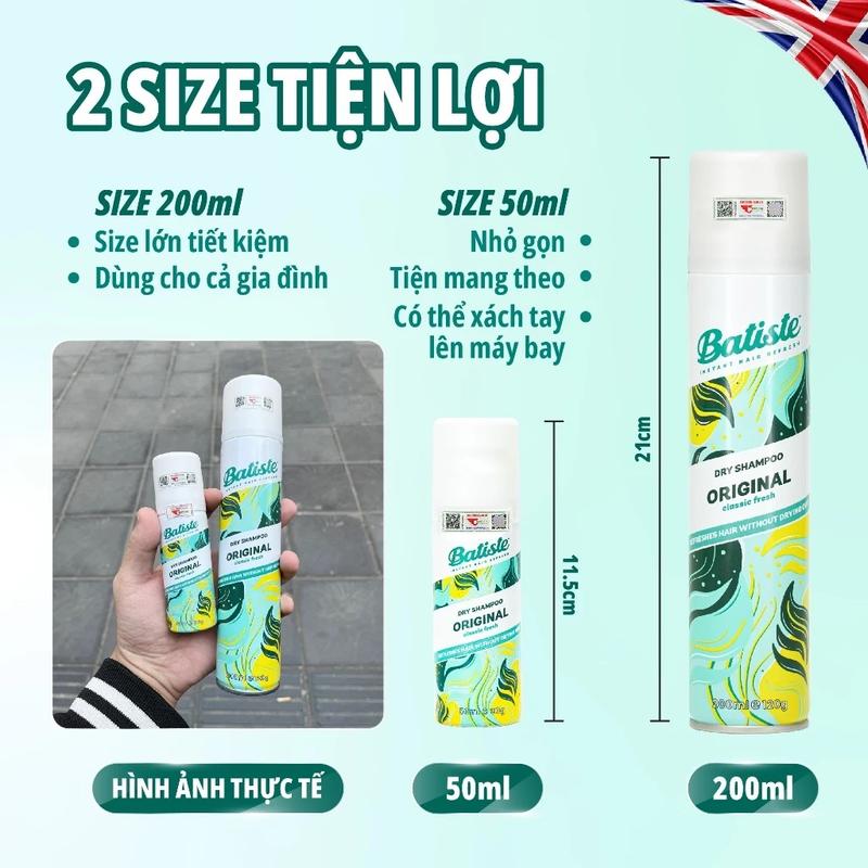Dầu Gội Khô Batiste Dry Shampoo Giảm Bết Dính, Mồ Hôi Tóc Sạch Thơm Bồng Bềnh 200ml, 50ml 3