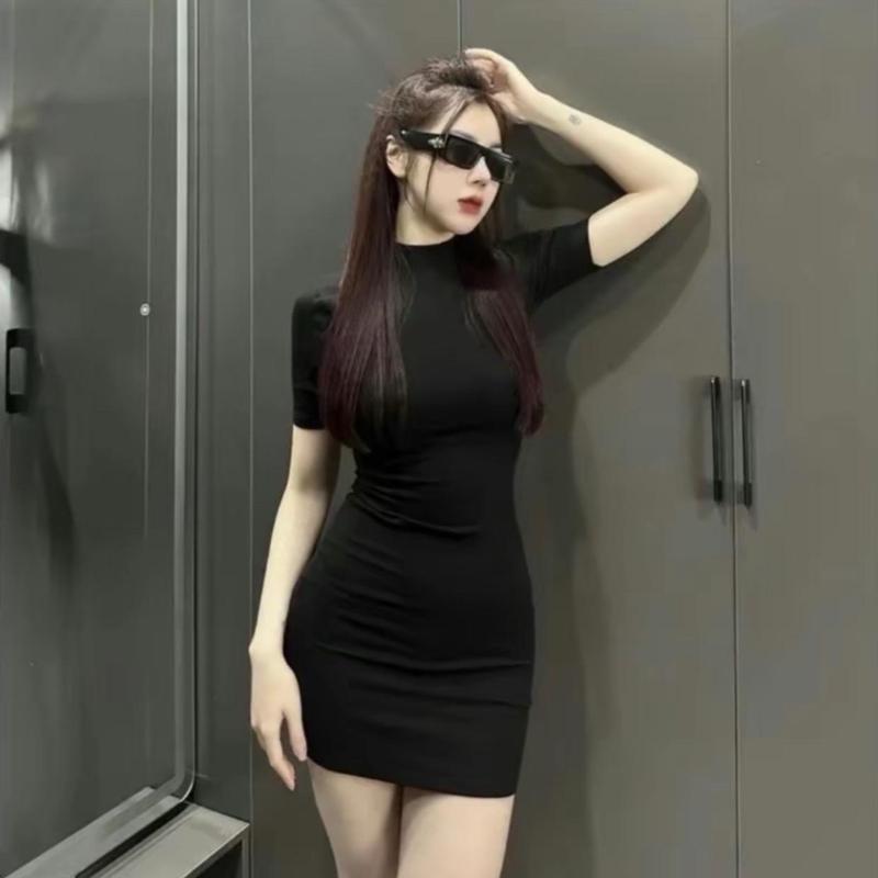 Đầm Váy đen ôm body tôn dáng sexy chất thun tăm co dãn, Đầm suông dáng ngắn cá tính đi chơi dự tiệc phong cách hàn quốc mã hp44 0