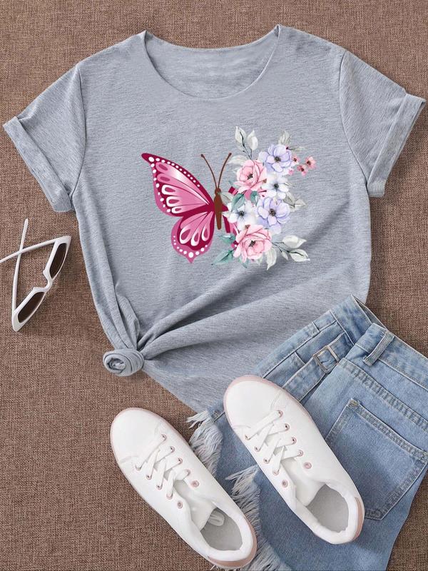 Women's Butterfly & Floral Print Round Neck Tee, Casual Short Sleeve T-shirt for Daily Wear, Ladies Summer Outfit 4