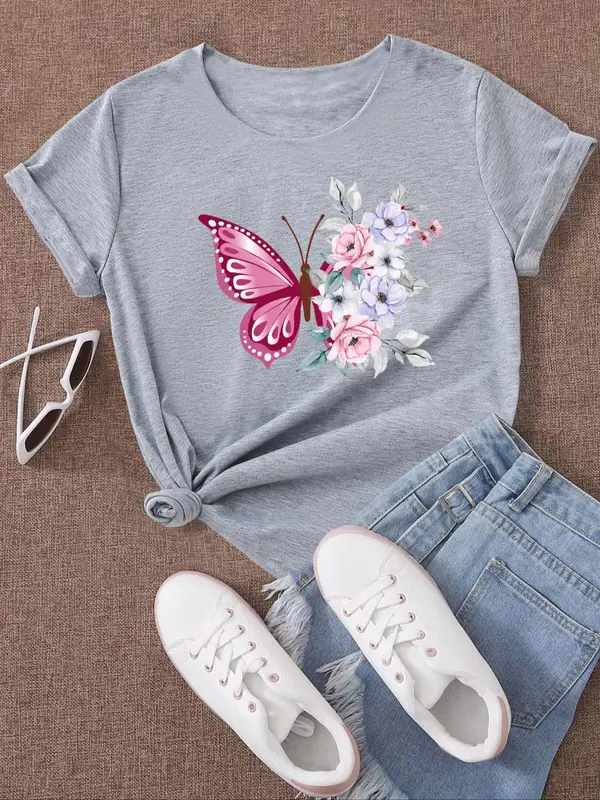 Women's Butterfly & Floral Print Round Neck Tee, Casual Short Sleeve T-shirt for Daily Wear, Ladies Summer Outfit 4