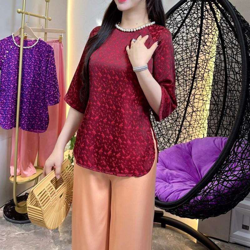 Bộ Quần Áo Lam Gấm 2 Da Hoạ Tiết Cổ Tròn Viền Ngọc To Tay Lỡ Nữ Women