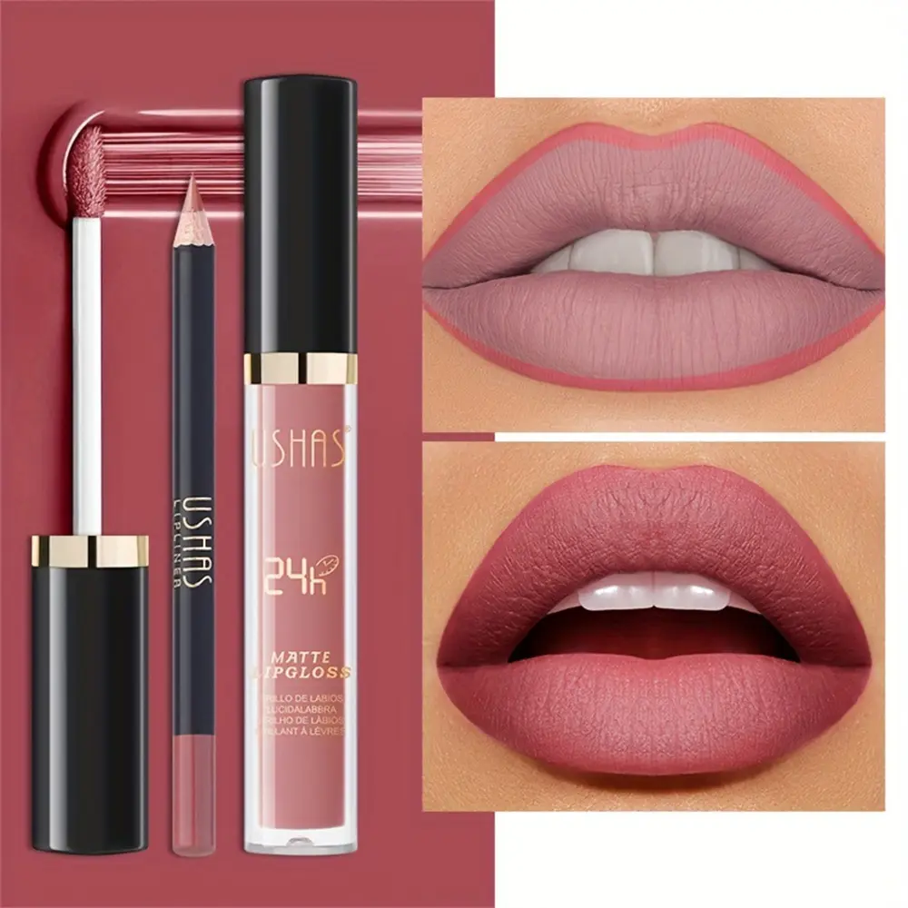 [Hot selling]  12 colors Film forming waterproof and sweat resistant Lipliner lip glaze combination suit Rich colors High saturation Outline any lip makeup New European and American style Lipline and lip gloss Cosmetics