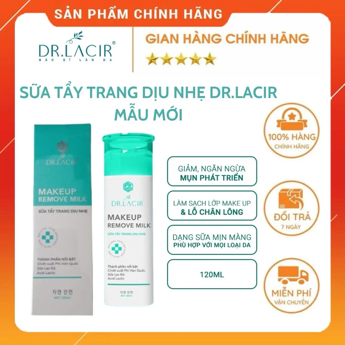 Sữa tẩy trang dịu nhẹ Dr.Lacir MAKEUP REMOVE MILK 120ml, tẩy trang sữa Drlacir hàng chính hãng