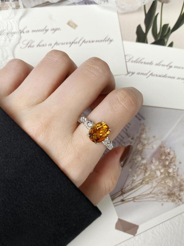 925 Sterling Silver Natural Citrine Decorated Ring, Elegant Luxury Engagement Ring, Matching Rings Jewelry As Gift for Family/friend/lover 4