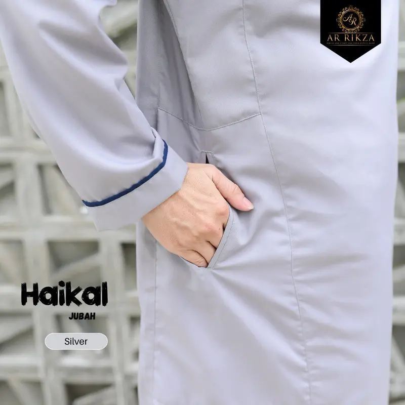 Jubah Gamis Pria Muslim Jubahh Haikal's Dewasa Simple Bahan Katun Toyobo Lengan Panjang Silver List Navy Series Kancing Abu 6
