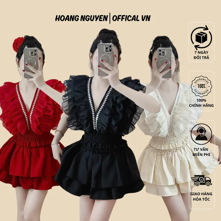 SET VÁY CỔ V ĐÍNH ĐÁ áo cánh tiên kèm chân váy tôn đáng Đi Chơi, Đi Tiệc, Dạo Phố Siêu Xinh FOS_35 Women Kem Top Màu Đỏ