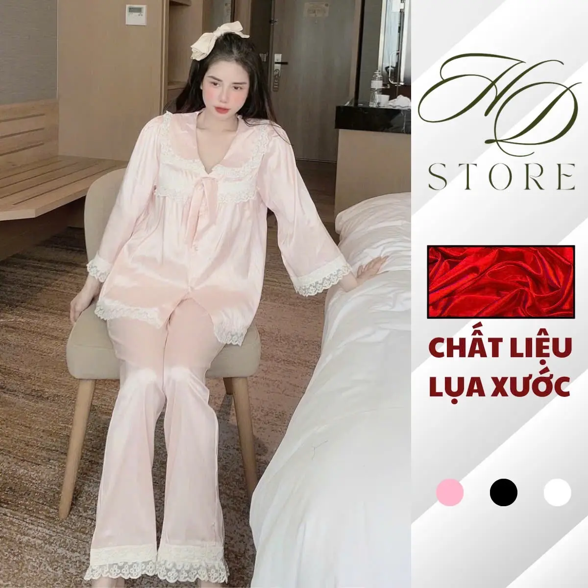 [Form Rộng Áo Tay Lửng] Bộ Pijama Nữ Thiết Kế Tiểu Thư 3, Chất Liệu Lụa Xước Voi Gồm 3 Màu Đen, Hồng, Trắng Kem - PIJAMA HĐ Nhung Nho Màu Hồng