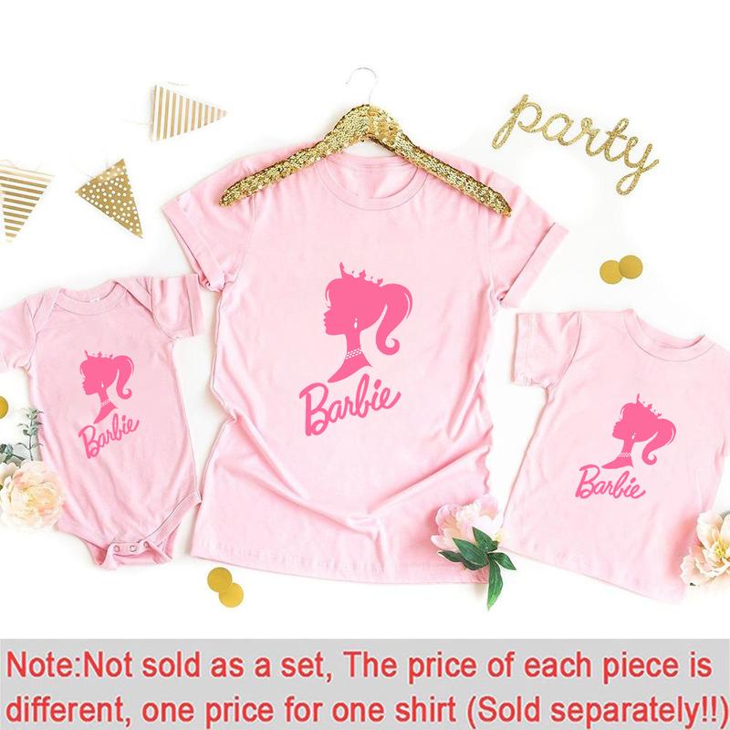 Product Introduction of Barbie Girl Print Family Matching Clothes Summer Mom and Me Parent Child T-shirt Girl Short Sleeve Tee Tops White/Pink/Black Baby Romper 37